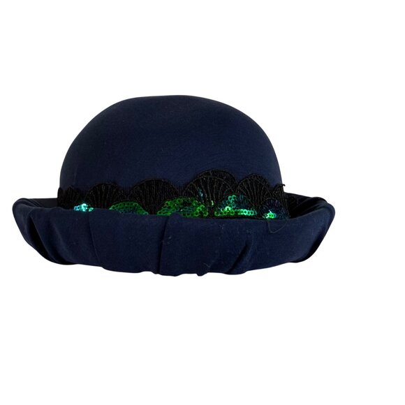 Wool Bowler Hat Navy With Black Lace Green Sequin Trim Elegant Classic Style - Picture 1 of 11